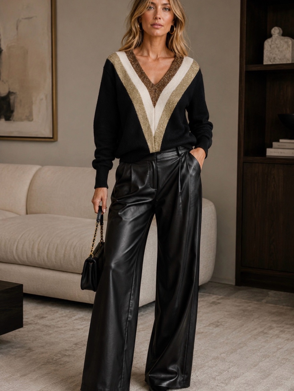 Caroline Constas XS Black Metallic Stripe V-Neck Wool Blend Sweater